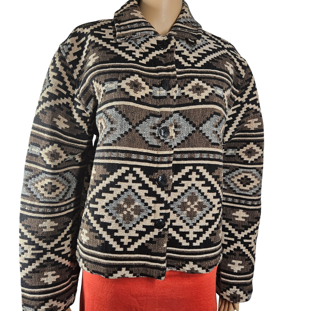 1990s Brown Aztec Print Tapestry Button Up Jacket Fold Down Collar Size 8 Medium